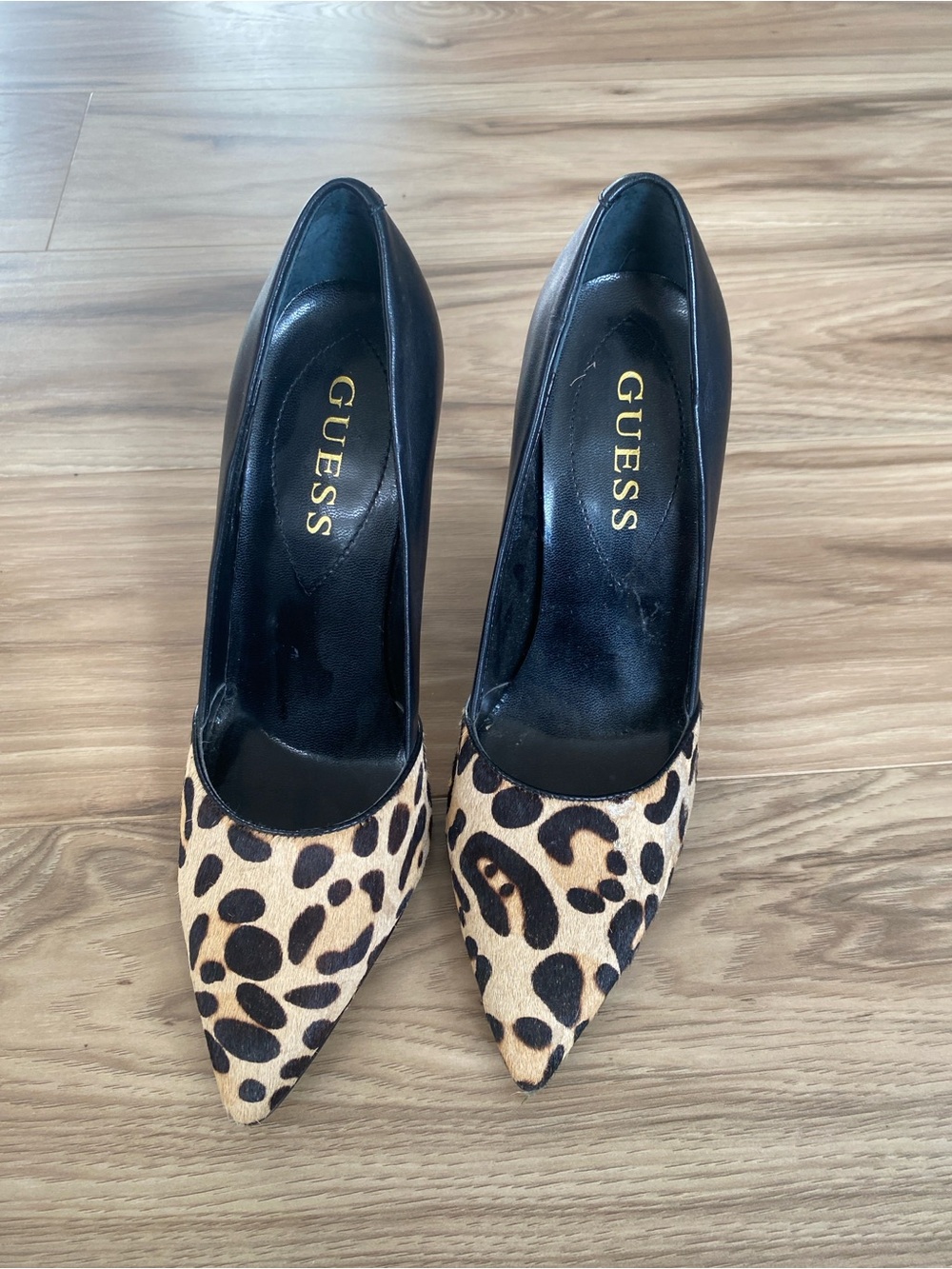 GUESS Leopard-Print Pointed Toe Pumps in Tan and Black